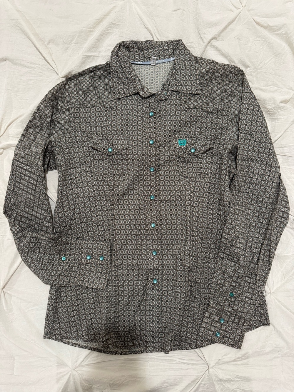 Cinch Ladies Brown & Teal Geometric Print Western Snap Shirt (Style# MSW9200031)